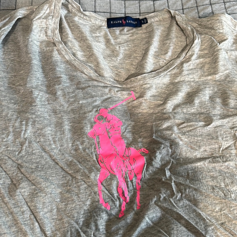 Polo by Ralph Lauren Gray Tee with Pink Polo Player Logo long sleeve